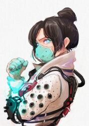 Rule 34 | 1girl, absurdres, animification, apex legends, aqua gloves, black hair, blue eyes, breasts, cable, from side, gloves, glowing, glowing hand, grey background, hair behind ear, hair bun, higemu, highres, holding own arm, jacket, looking at viewer, mask, medium breasts, mouth mask, no pupils, official alternate costume, parted bangs, quarantine 722 wraith, single hair bun, solo, two-tone gloves, upper body, v-shaped eyebrows, white gloves, white jacket, wraith (apex legends)