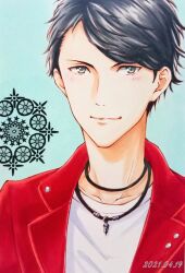 Rule 34 | 1boy, 2021, aizawa yutaro, black hair, blue background, blush, closed mouth, dated, green eyes, jacket, jewelry, looking at viewer, male focus, necklace, red jacket, shirt, short hair, smile, solo, white shirt, youvoice, yumeiro cast