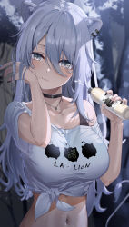 Rule 34 | 1girl, absurdres, animal ears, black choker, black nails, blush, bottle, breasts, choker, clothes writing, ear piercing, grey eyes, grey hair, highres, holding, holding bottle, hololive, jewelry, large breasts, lion ears, lion girl, long hair, looking at viewer, nail polish, navel, necklace, piercing, shishiro botan, shishiro botan (casual), solo, very long hair, virtual youtuber, yamamoto (ymmt is sexy)