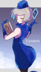 Rule 34 | 1girl, bare shoulders, black pantyhose, blue dress, blue gloves, blue hat, book, card, character name, dress, elizabeth (persona), gloves, hat, hexagram, holding, holding book, jamir, looking at viewer, pantyhose, persona, persona 3, short hair, silver hair, sleeveless, sleeveless dress, solo, yellow eyes
