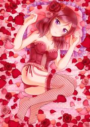 Rule 34 | 10s, 1girl, artist request, bare shoulders, blush, dress, elbow gloves, female focus, flower, garter straps, gloves, hiro9779, looking at viewer, love live!, love live! school idol project, nail, nail polish, nishikino maki, pillow, purple eyes, red dress, red flower, red hair, red rose, red theme, red thighhighs, ribbon, rose, solo, striped ribbon, swept bangs, thighhighs, tiara