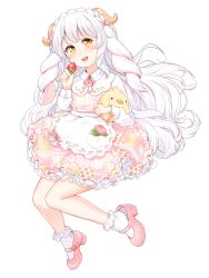 Rule 34 | 1girl, blush, brown eyes, food, fruit, full body, high heels, highres, holding, holding food, long hair, looking at viewer, open mouth, original, pink footwear, smile, socks, solo, strawberry, susukitten, teeth, transparent background, upper teeth only, white hair, white socks