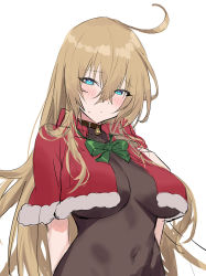 Rule 34 | 1girl, ahoge, bell, blue eyes, blush, bodystocking, bow, bowtie, breast curtains, breasts, capelet, christmas, copyright request, covered navel, crossed bangs, embarrassed, green bow, green bowtie, guchico, hair between eyes, head tilt, highres, large breasts, long hair, looking at viewer, neck bell, red capelet, simple background, sketch, solo, very long hair, white background