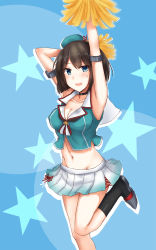 Rule 34 | 10s, 1girl, arm up, armpits, beret, blue eyes, breasts, brown hair, cai geng, cleavage, covered erect nipples, hat, highres, kantai collection, maya (kancolle), pom pom (cheerleading), remodel (kantai collection), short hair, simple background, skirt, star (symbol), sweatdrop