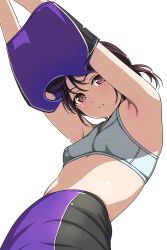 Rule 34 | 1girl, armpits, arms up, blush, brown eyes, brown hair, highres, matsunaga kouyou, original, short hair, simple background, solo, sports bra, standing, track and field, undressing