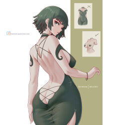 Rule 34 | 1girl, absurdres, ass, backless outfit, bare back, bracelet, breasts, butt crack, choker, covered navel, dress, from behind, fubuki (one-punch man), green dress, green eyes, green hair, gumroad username, heart pasties, highres, jewelry, large breasts, looking at viewer, melowh, navel, necklace, one-punch man, pasties, simple background, solo, white background