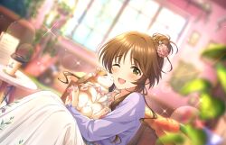 Rule 34 | brown eyes, brown hair, carrot, coffee cup, cup, disposable cup, game cg, hair bun, idolmaster, idolmaster cinderella girls, idolmaster cinderella girls starlight stage, official art, one eye closed, rabbit, table, takamori aiko, window
