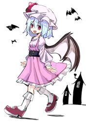 Rule 34 | 1girl, 9302w (user wjpg8475), :d, bat wings, blue hair, breasts, dress, fang, full body, happy, hat, highres, looking at viewer, mob cap, open mouth, pink dress, pointy ears, red footwear, remilia scarlet, simple background, skin fang, small breasts, smile, solo, touhou, walking, wings