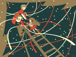Rule 34 | 1girl, 2boys, brown eyes, brown hair, commentary request, dress, glasses, goggles, goggles on head, jacket, ladder, long hair, looking at another, multiple boys, original, red-framed eyewear, red dress, red jacket, red ribbon, ribbon, shinonoko, short hair