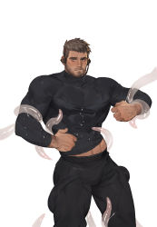 Rule 34 | 1boy, abs, absurdres, amo (amo9612), bara, beard, black pants, blush, brown hair, bulge, chris redfield, clothes lift, covered abs, covered erect nipples, facial hair, feet out of frame, headphones, highres, imminent anal, imminent penetration, large pectorals, lifting own clothes, liquid, looking at viewer, male focus, mature male, midriff peek, muscular, muscular male, navel, navel hair, nipples, paid reward available, pants, pectorals, resident evil, resident evil 5, shirt, shirt lift, short hair, skin tight, solo, stomach, stubble, taut clothes, taut shirt, tentacles, tentacles on male, tentacles under clothes, thick thighs, thighs, tight clothes, tight pants, undercut, wet