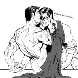 Rule 34 | 2boys, anal, ass, back, bara, batman (series), blush, bruce wayne, clark kent, closed eyes, closed mouth, collared shirt, couple, dc comics, english text, glasses, greyscale, highres, holding another&#039;s leg, holding hands, large pectorals, looking at another, male focus, male penetrated, mature male, monochrome, multiple boys, muscular, muscular male, nude, open mouth, pectorals, scar, scar on arm, scar on back, sex, shirt, short hair, superman (series), unworn shirt, yaoi, yooko