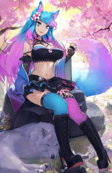 Rule 34 | 1girl, animal ear fluff, animal ears, blue eyes, blue hair, boots, breasts, cherry blossoms, cross-laced footwear, elbow gloves, fangs, fingerless gloves, fingernails, flower, gloves, gradient hair, hair flower, hair ornament, high heel boots, high heels, highres, large breasts, long hair, looking at viewer, midriff, multicolored hair, nail polish, navel, open mouth, pink hair, sharp fingernails, silvervale, silvervale (4th costume), sitting, skirt, solo, tail, thighhighs, two-tone hair, unsomnus, virtual youtuber, vshojo, wolf ears, wolf tail