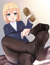 Rule 34 | 1girl, blonde hair, blush, clothes pull, crossed legs, feet, green eyes, highres, jamie hazaford, long hair, looking at viewer, monkey kusai, open mouth, pantyhose, pantyhose pull, shirogane no ishi argevollen, shoes, single shoe, soles, steam, toes, unworn shoes