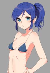 Rule 34 | 1girl, absurdres, aikatsu!, aikatsu! (series), bikini, blue bikini, blue eyes, blue hair, breasts, collarbone, commentary request, grey background, hands on own hips, highres, kiriya aoi, looking at viewer, navel, pasapsasa, ponytail, short hair, simple background, small breasts, solo, swimsuit