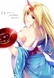 Rule 34 | &gt;:), 1girl, alcohol, bare shoulders, blonde hair, blue kimono, breasts, character name, cleavage, cup, dated, dutch angle, floral print, grin, horns, hoshiguma yuugi, hoshiguma yuugi (kimono), japanese clothes, kimono, large breasts, long hair, long sleeves, looking at viewer, no bra, noe noel, obi, off shoulder, one-hour drawing challenge, pointy ears, red eyes, sakazuki, sake, sash, single horn, smile, solo, touhou, tsurime, twitter username, v-shaped eyebrows, white background, wide sleeves