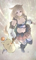 Rule 34 | 1girl, animal ears, boots, breasts, brown eyes, brown hair, cat ears, cat tail, choker, cleavage, detached sleeves, facial mark, final fantasy, final fantasy xiv, from above, highres, horn (instrument), instrument, knee boots, looking at viewer, looking up, medium hair, midriff, miniskirt, miqo&#039;te, moogle, music, musical note, navel, piyoco, playing instrument, pouch, signature, skirt, solo, tail, thighhighs, warrior of light (ff14), whisker markings