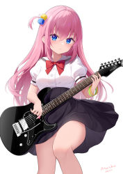 Rule 34 | 1girl, absurdres, atsuishio, black skirt, blue eyes, bocchi the rock!, closed mouth, commentary request, cube hair ornament, day, electric guitar, feet out of frame, gotoh hitori, guitar, hair between eyes, hair ornament, high-waist skirt, highres, holding, holding instrument, instrument, long hair, looking at viewer, one side up, pink hair, pleated skirt, plectrum, puffy short sleeves, puffy sleeves, sailor collar, school uniform, serafuku, shirt, short sleeves, signature, simple background, skirt, solo, very long hair, white background, white sailor collar, white shirt