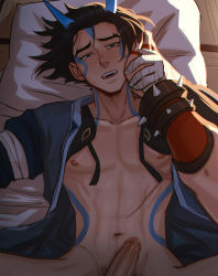 Rule 34 | 1boy, abs, absurdres, arataki itto, bandaged arm, bandages, black hair, black nails, blue eyes, blue horns, bodypaint, bracelet, chalseu, fangs, genshin impact, hands on another&#039;s face, highres, horns, implied yaoi, jewelry, long sleeves, looking at viewer, makeup, nail polish, navel, nipples, oni, oni horns, penis, pillow, short hair, spiked bracelet, spikes, takuya (genshin impact), tears, uncensored, yaoi