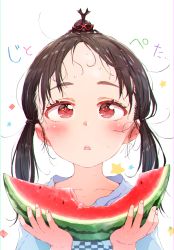 Rule 34 | 1girl, animal, animal on head, black hair, blush, collarbone, commentary request, eyewear on head, food, forehead, fruit, gomennasai, highres, holding, holding food, long hair, on head, original, parted lips, red-framed eyewear, red eyes, shirt, solo, stag beetle, star (symbol), sunglasses, sunglasses on head, sweat, teeth, translation request, twintails, upper body, upper teeth only, watermelon, white background, white shirt