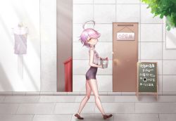 Rule 34 | 1girl, ahoge, androgynous, benghuai xueyuan, black shorts, closed mouth, full body, hair over one eye, honkai (series), loafers, multicolored hair, one eye covered, pink hair, purple hair, shirt, shoes, short hair, short sleeves, shorts, sin mal0909, sin mal (benghuai xueyuan), smile, solo, split-color hair, walking, white shirt, yellow eyes