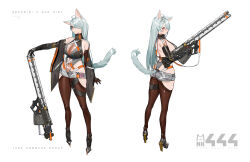 Rule 34 | 1girl, ahoge, animal ear fluff, animal ears, black footwear, black gloves, black leotard, black sleeves, breasts, brown thighhighs, cat ears, cat girl, cat tail, character name, cleavage, closed mouth, commentary, dated commentary, detached sleeves, elbow gloves, english commentary, english text, full body, gloves, grey hair, grey leotard, grey tail, gun, hair over one eye, high collar, high heels, highleg, highleg leotard, highres, holding, holding weapon, kare huang, large breasts, leotard, long hair, looking afar, micro shorts, multiple views, navel, one eye covered, original, red eyes, see-through, see-through cleavage, see-through leotard, shorts, sideboob, simple background, skindentation, standing, tail, thighhighs, two-tone leotard, weapon, white background, white shorts, wide sleeves