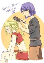 Rule 34 | 2girls, blonde hair, breasts, brushing another&#039;s hair, brushing hair, chrono cross, chrono trigger, closed mouth, crop top, dated, glasses, hair brush, highres, kid (chrono cross), long hair, lucca ashtear, marle (chrono trigger), midriff, moromoto meoto, multiple girls, open mouth, purple hair, short hair, skirt, smile, vest
