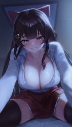 Rule 34 | 1girl, absurdres, black thighhighs, blue eyes, blush, bow, braid, breasts, breath, brown hair, cleavage, collared shirt, commentary request, dress shirt, frilled skirt, frills, grin, hair bow, hair ornament, heart, heart-shaped pupils, heart hair ornament, highres, indoors, korean commentary, large breasts, leaning forward, long hair, long sleeves, looking at viewer, partially unbuttoned, pleated skirt, pov, red bow, red skirt, shirayuki hina, shirt, shirt tucked in, sibo, side braid, single braid, sitting, skirt, smile, solo, spread legs, stellive, sweat, symbol-shaped pupils, thighhighs, very long hair, virtual youtuber, white shirt