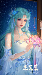 Rule 34 | 1girl, absurdres, bare shoulders, blue hair, braid, braided hair rings, butterfly hair ornament, closed mouth, douluo dalu, dress, earrings, flower, hair ornament, hair rings, hei yu xing cheng, highres, jewelry, lantern, long hair, looking to the side, lotus, necklace, night, sash, second-party source, solo, tang wutong (douluo dalu), tassel, upper body, white dress