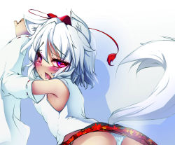 Rule 34 | 1girl, animal ears, armpits, ass, bad id, bad pixiv id, bare shoulders, blush, detached sleeves, dot r, fang, female focus, from behind, hat, highres, inubashiri momiji, open mouth, panties, red eyes, saliva, short hair, silver hair, simple background, sketch, solo, tail, tokin hat, touhou, underwear, white background, white panties, wolf ears, wolf tail