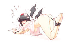 Rule 34 | 1girl, ?, all fours, ass, bad id, bad pixiv id, barefoot, bdsm, between buttocks, black hair, black wings, blindfold, blush, bottomless, bound, bound ankles, bound wrists, breasts, detached wings, hanging breasts, hat, heavy breathing, kneeling, large breasts, no bra, non (z-art), off shoulder, pom pom (clothes), puffy short sleeves, puffy sleeves, shameimaru aya, shirt, short hair, short sleeves, simple background, solo, spoken question mark, sweat, tokin hat, touhou, underboob, upshirt, wedgie, white background, white shirt, wings