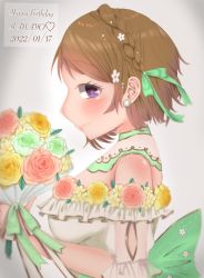 Rule 34 | 1girl, alternate hairstyle, artist name, artist request, bare shoulders, blush, bouquet, bow, braid, breasts, brown hair, choker, cleavage, dress, earrings, female focus, flower, flower dress, frilled dress, frills, green bow, green ribbon, grey background, hair between eyes, hair bow, hair flower, hair ornament, highres, holding, holding bouquet, jewelry, koizumi hanayo, looking at viewer, looking to the side, love live!, love live! school idol festival, love live! school idol project, medium breasts, parted lips, plaid, plaid dress, pleated, pleated dress, puffy short sleeves, puffy sleeves, purple eyes, ribbon, see-through, see-through sleeves, short hair, short sleeves, side braid, sideboob, smile, solo, upper body, white dress, white flower