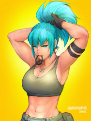 Rule 34 | 1girl, 2021, abs, adjusting hair, alt text, arm strap, armband, armpits, arms behind head, arms up, artist name, black gloves, blue eyes, blue hair, breasts, cleavage, commentary, dog tags, earrings, english commentary, eyelashes, gloves, green sports bra, hair tie, hair tie in mouth, hairband, hands in hair, jewelry, large breasts, leona heidern, long hair, midriff, mouth hold, muscular, muscular female, navel, ponytail, quasimodox, revision, solo, sports bra, the king of fighters, triangle earrings, tying hair, upper body, yellow background