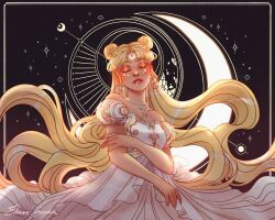 Rule 34 | 1girl, absurdres, artist name, bishoujo senshi sailor moon, blonde hair, closed eyes, commentary, crescent, crescent facial mark, dress, eleanorgrootch, eyeshadow, facial mark, highres, jewelry, long hair, makeup, necklace, neo queen serenity, orange eyeshadow, red lips, solo, strapless, strapless dress, tsukino usagi, twintails, upper body, very long hair