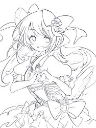 Rule 34 | 1girl, artist request, chaos marie (grimms notes), cleavage cutout, clothing cutout, frills, grimms notes, hair ribbon, heart, heart hands, highres, jewelry, lineart, long hair, monochrome, necklace, open mouth, pendant, puffy short sleeves, puffy sleeves, ribbon, short sleeves, simple background, smile, solo, unfinished, white background, wings