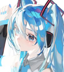 Rule 34 | 1girl, arm up, blue eyes, blue hair, blue nails, blurry, collar, depth of field, detached sleeves, hatsune miku, headset, highres, mizumi zumi, nail polish, parted lips, portrait, solo, twintails, vocaloid, water drop, wet, wet hair, white background
