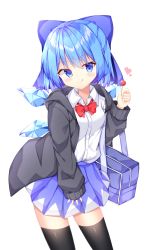Rule 34 | 1girl, :q, adapted costume, alternate costume, arm up, bag, black cardigan, black thighhighs, blue eyes, blue hair, blue skirt, bow, breasts, candy, cardigan, cirno, commentary, cowboy shot, food, hair ribbon, head tilt, heart, highres, holding, holding candy, holding food, holding lollipop, leaning forward, lollipop, open cardigan, open clothes, red bow, red neckwear, ribbon, sabana, school bag, school uniform, shirt, short hair, simple background, skirt, skirt hold, sleeves past wrists, small breasts, smile, standing, thighhighs, tongue, tongue out, touhou, white background, white shirt, wings, zettai ryouiki