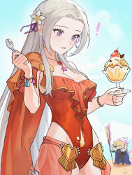 Rule 34 | 1boy, 1girl, bracelet, breasts, casual one-piece swimsuit, cleavage, covered navel, cowboy shot, day, dimitri alexandre blaiddyd, edelgard von hresvelg, fire emblem, fire emblem: three houses, fire emblem heroes, flower, gem, hair flower, hair intakes, hair ornament, hair ribbon, highleg, highleg swimsuit, highres, holding, holding spoon, ikaikakka, jewelry, long hair, looking down, medium breasts, nintendo, official alternate costume, one-piece swimsuit, outdoors, pendant, purple eyes, purple ribbon, red gemstone, red one-piece swimsuit, ribbon, solo focus, spoon, summer, swimsuit, very long hair, white flower, white hair