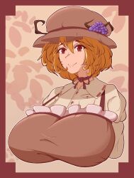 Rule 34 | 1girl, aki minoriko, breasts, brown background, brown hat, closed mouth, cmerc112, commentary, english commentary, food, fruit, grape hat ornament, grapes, hat, highres, huge breasts, long sleeves, mob cap, orange hair, red eyes, short hair, smile, solo, touhou, upper body