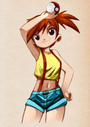Rule 34 | 1girl, arm up, bare shoulders, bleedman, blue eyes, breasts, brown hair, collarbone, cowboy shot, creatures (company), crop top, crop top overhang, cropped legs, denim, denim shorts, female focus, game freak, hand on own hip, hip focus, holding, holding poke ball, looking at viewer, midriff, misty (pokemon), navel, nintendo, poke ball, pokemon, pokemon (anime), ponytail, shirt, short hair, short ponytail, short shorts, shorts, side ponytail, sleeveless, sleeveless shirt, small breasts, smile, solo, suspenders, tank top, wide ponytail, yellow shirt