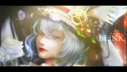 Rule 34 | 1girl, bat wings, blue hair, border, closed eyes, commentary, dust, english text, eyebrows, eyelashes, feathers, flower, food, fruit, gold, hat, hat ornament, letterboxed, light particles, lips, lipstick, makeup, michihana, mob cap, nose, portrait, red lips, remilia scarlet, revision, rose, short hair, sleeping, solo, star (symbol), sunlight, touhou, white flower, white rose, window, wings
