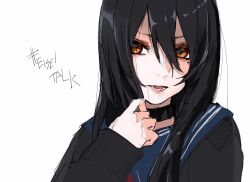 Rule 34 | 1girl, black hair, character request, choker, copyright request, eyebrows hidden by hair, hair between eyes, hashtag, long hair, long sleeves, mole, open mouth, rureizi, simple background, white background, yellow eyes