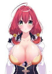 Rule 34 | 1girl, ahoge, akatsuki hinata, blush, bra, breasts, breasts apart, embarrassed, female focus, green eyes, hair between eyes, highres, lace, lace bra, large breasts, looking at viewer, medium hair, official art, omega labyrinth, omega labyrinth life, open clothes, original, parted lips, puffy sleeves, red hair, school uniform, simple background, solo, striped bra, striped clothes, torn clothes, twintails, u35, underwear, upper body