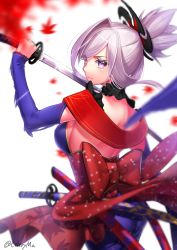 Rule 34 | 1girl, absurdres, autumn leaves, backless outfit, blue kimono, blue sleeves, bow, breasts, detached sleeves, fate/grand order, fate (series), from behind, highres, holding, holding sword, holding weapon, japanese clothes, katana, kimono, leaf, leaf print, long hair, long sleeves, maple leaf, maple leaf print, medium breasts, miyamoto musashi (fate), miyamoto musashi (third ascension) (fate), nishibi mitsuba, parted bangs, polka dot, polka dot bow, ponytail, purple eyes, red bow, sheath, sideboob, silver hair, simple background, solo, standing, sword, twitter username, weapon, white background