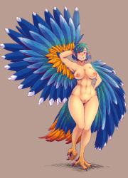 Rule 34 | 1girl, abs, absurdres, animal feet, arm behind head, bird tail, blue feathers, blue hair, blue wings, blush, breasts, brown background, cleft of venus, commentary, english commentary, feather hair, feathered wings, feathers, female pubic hair, gammatelier, gradient hair, green hair, hand on own hip, harpy, highres, large breasts, monster girl, multicolored hair, nipples, nude, orange feathers, original, pointy ears, pubic hair, pussy, red eyes, simple background, smile, solo, standing, standing on one leg, tail, talons, wings