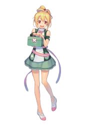 Rule 34 | 1girl, armband, bare legs, blonde hair, first aid kit, full body, highres, holding, looking at viewer, no socks, noumi sasage, official art, open mouth, red eyes, round teeth, shigeru (graphic loops), simple background, skirt, sleeveless, solo, standing, teeth, toys drive, updo, white background