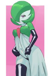 Rule 34 | 1girl, alternate eye color, black gloves, black panties, black thighhighs, blush, bob cut, border, breasts, clothed pokemon, colored skin, cowboy shot, creatures (company), elbow gloves, female focus, game freak, gardevoir, gen 3 pokemon, gloves, green hair, green skin, hair over one eye, half-closed eyes, happy, heart, heart-shaped pupils, light blush, looking at viewer, medium breasts, multicolored skin, navel, nema (nema34), nintendo, one eye covered, open mouth, panties, pink background, pink eyes, pokemon, pokemon (creature), shiny clothes, short hair, simple background, smile, solo, standing, string panties, symbol-shaped pupils, thighhighs, two-tone skin, underwear, white border, white skin