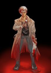 Rule 34 | 00s, 1boy, arm at side, bandaged arm, bandaged head, bandages, black footwear, blood, bloody bandages, brown coat, brown hair, clenched hand, coat, dagger, denim, emiya shirou, fate/stay night, fate (series), full body, gradient background, grey eyes, hand on own chest, holding, holding weapon, jeans, knife, long sleeves, looking at viewer, male focus, open clothes, open coat, pants, shoes, solo, standing, weapon