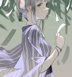 Rule 34 | 1girl, absurdres, blush, breasts, brown eyes, closed mouth, commentary, from side, gradient background, grey hair, hair bun, hand up, highres, holding, holding paper, japanese clothes, kimono, long hair, looking at viewer, mo011010, mouth hold, obi, original, paper, sash, sideways glance, small breasts, solo, striped clothes, striped kimono, symbol-only commentary, tanzaku, upper body, vertical stripes, water, water drop, wide sleeves, wristband, yukata