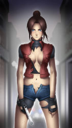 Rule 34 | 1girl, bike shorts, blue eyes, blush, breasts, brown hair, capcom, claire redfield, fingerless gloves, gloves, gun, highres, holding, holding gun, holding weapon, jacket, large breasts, legs, long hair, looking at viewer, midriff, navel, no bra, outdoors, ponytail, resident evil, resident evil 2, serious, short shorts, short sleeves, shorts, solo, standing, sweat, thighs, thor (deep rising), torn clothes, weapon