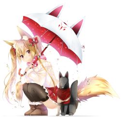 Rule 34 | 1girl, animal ear fluff, animal ears, bare shoulders, black thighhighs, blush, boots, bow, duji amo, fox, fox ears, fox tail, fur boots, hair bow, hair ornament, hairclip, highres, kneeling, long hair, off-shoulder, off-shoulder sweater, off shoulder, original, red eyes, simple background, skirt, smile, solo, sweater, tail, thighhighs, twintails, ugg boots, umbrella, usagihime, white background